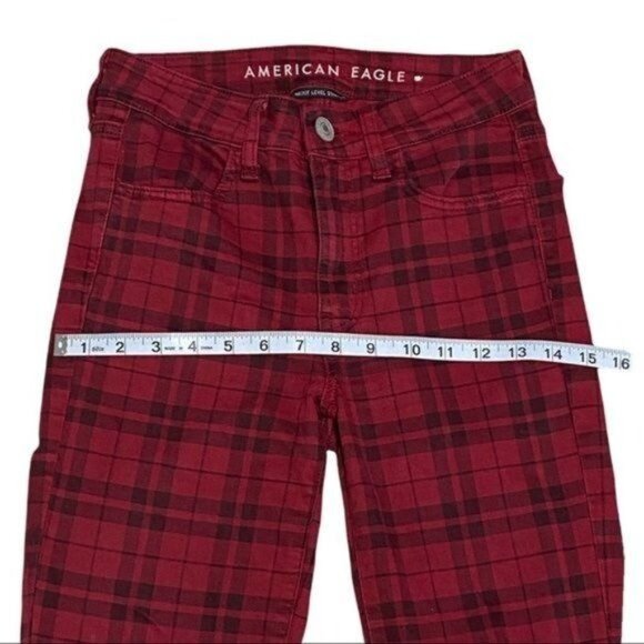 American Eagle Plaid Red/ Black Next Level Stretch Jeans Size 2 - Picture 11 of 12